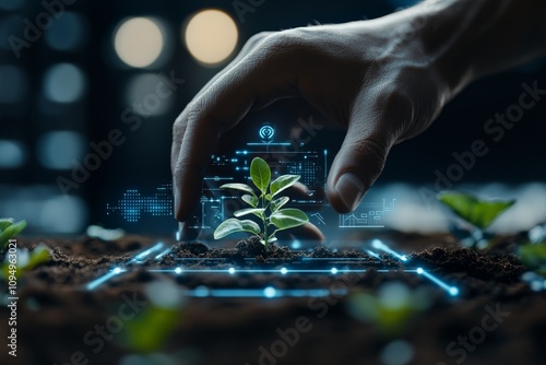 A hand tends to a small plant sprouting from the soil, integrated with digital elements, representing technological growth and sustainable innovation. photo