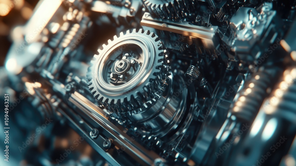 Close-Up View of Intricate Mechanical Gears and Cogs in a Shiny Metallic Assembly, Showcasing Precision Engineering and Industrial Design Details Close-Up View of Intricate Mechanical Gears and Cogs in a Shiny Metallic Assembly, Showcasing Precision Engineering and Industrial Design Details