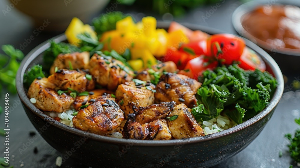 A vibrant bowl of grilled chicken, rice, and fresh vegetables, showcasing a healthy meal. A vibrant bowl of grilled chicken, rice, and fresh vegetables, showcasing a healthy meal.