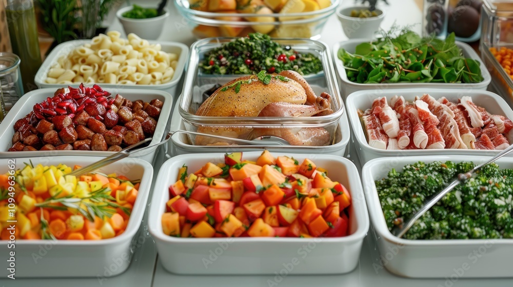 A vibrant spread of various fresh foods and dishes arranged for a meal. A vibrant spread of various fresh foods and dishes arranged for a meal.