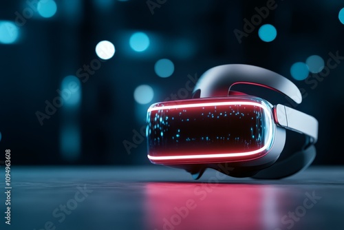 A sleek virtual reality headset with glowing elements sits against a futuristic digital backdrop, representing immersive technology and next-gen digital experiences. photo