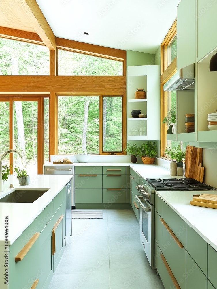 Modern Green Kitchen With Abundant Natural Light And Wood Accents Modern Green Kitchen With Abundant Natural Light And Wood Accents
