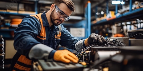 Wallpaper Mural A skilled engineer analyzes a car battery module in a modern laboratory setting. Torontodigital.ca