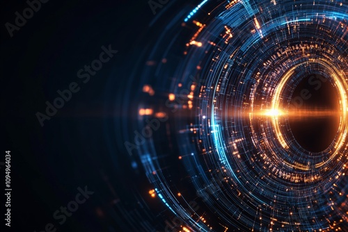 Wallpaper Mural A circular digital vortex features swirling patterns with glowing blue and orange circuit-like elements that create a dynamic sense of motion and energy. Torontodigital.ca