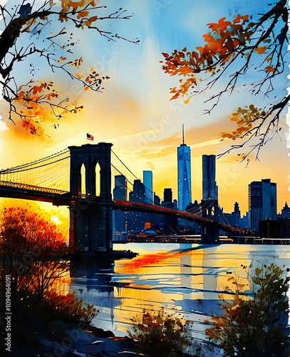 Sunset Over Brooklyn: A Watercolor Tribute to New York City’s Iconic Skyline