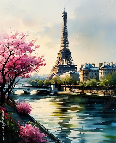 Parisian Dream: Watercolor View of the Eiffel Tower and Seine at Sunset
