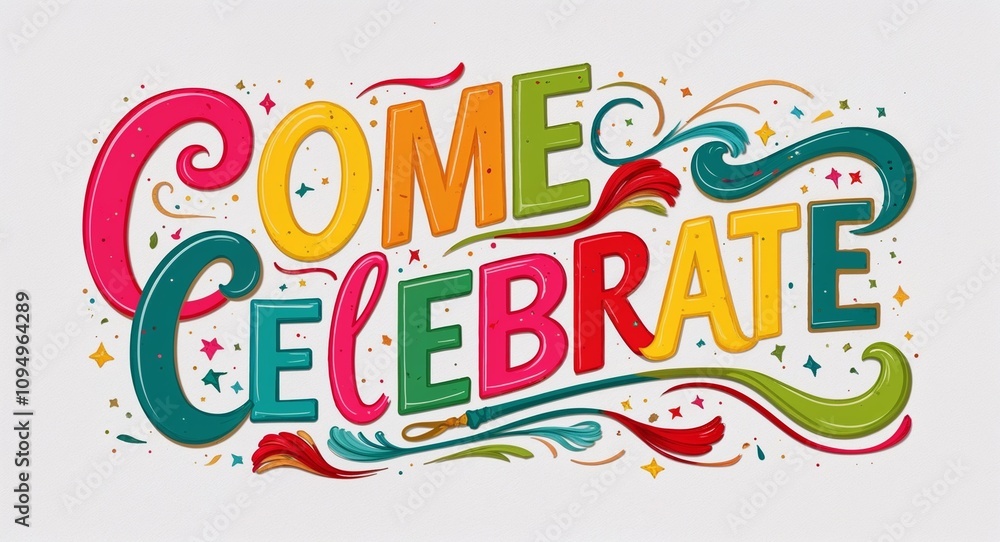 come celebrate artistic colorful style lettering on plain white background come celebrate artistic colorful style lettering on plain white background