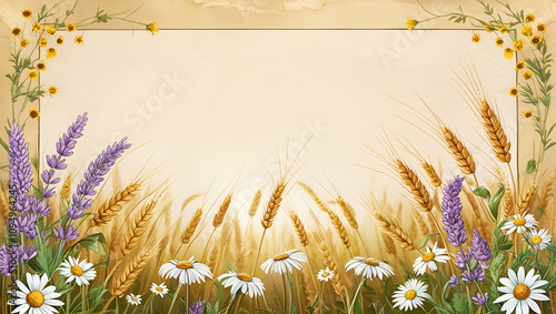 grass and flowers Rustic Wildflower and Wheat Border Design Background