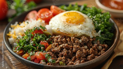 A delicious bowl of seasoned meat, vegetables, and a fried egg, showcasing a hearty meal.