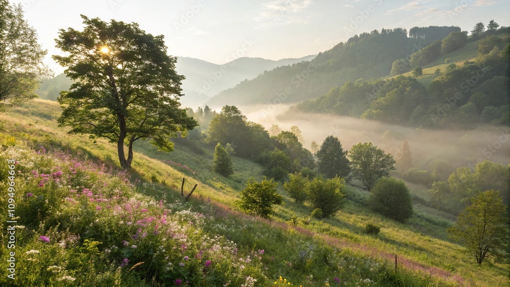 Naklejka premium The morning sun breaks through the mist on a hillside covered in trees and flowers, flowers, landscape, morning