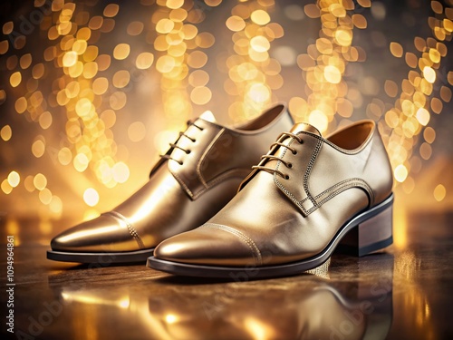 Elegant Champagne Dress Shoes Displayed on a Polished Surface with Soft Lighting and a Subtle Background, Perfect for Fashion and Footwear Photography Needs