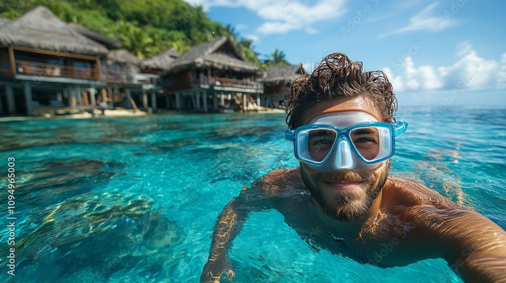Naklejka premium Young man snorkeling above the sea water near the beach
