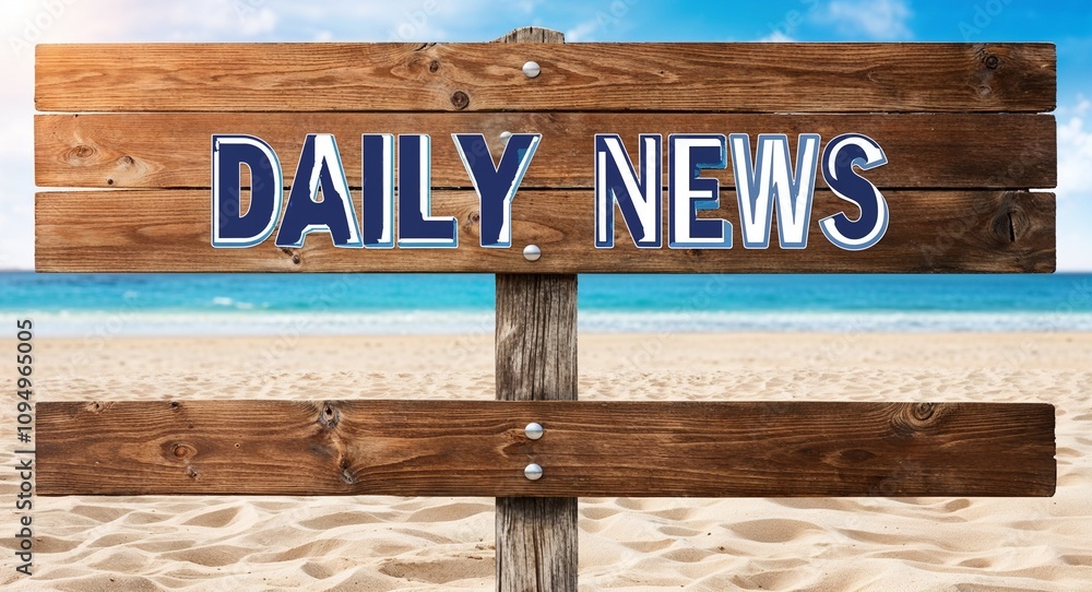 Fototapeta premium daily news lettering on wooden sign board with beach summer background