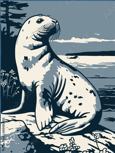 Winter Park Poster Featuring a Harp Seal in an Icy Arctic Scene, 2D Flat Color with Four Cool Tones