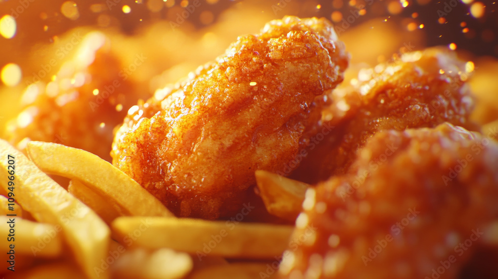 A stunning photograph of crispy, golden fried chicken wings and french fries. The image is incredibly detailed and realistic, with sharp focus and vibrant colors. A stunning photograph of crispy, golden fried chicken wings and french fries. The image is incredibly detailed and realistic, with sharp focus and vibrant colors.
