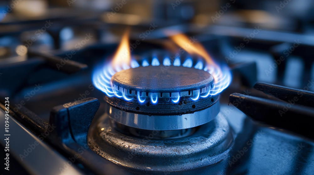 A close-up of a blue flame burning on a gas stove. The steel panel shows the burner. This image highlights the use of natural gas, its rising cost, and its impact on the economy. A close-up of a blue flame burning on a gas stove. The steel panel shows the burner. This image highlights the use of natural gas, its rising cost, and its impact on the economy.
