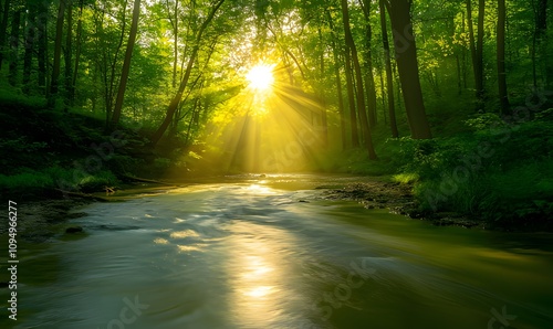 A sunbeam pierces through the canopy of a lush, green forest, casting a golden glow on a tranquil stream