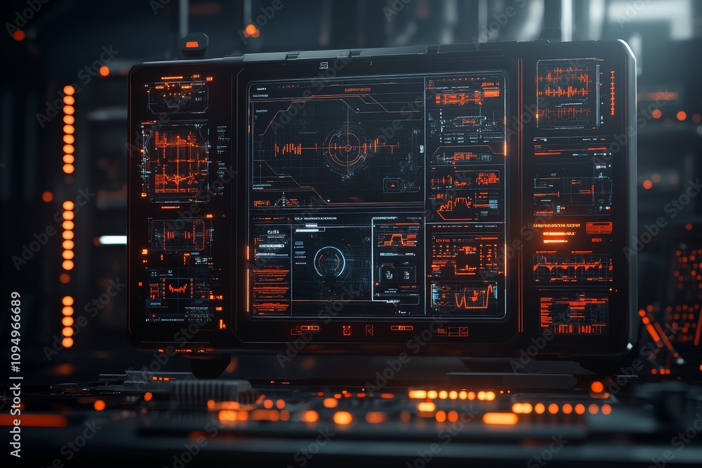 A high-tech futuristic dashboard filled with vibrant orange data visualizations, graphs, and charts, offering an immersive digital experience. A high-tech futuristic dashboard filled with vibrant orange data visualizations, graphs, and charts, offering an immersive digital experience.