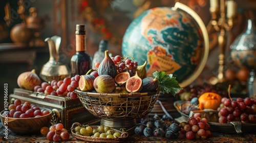 A still life featuring a variety of fruits, a globe, and a bottle, creating a rich, inviting scene.