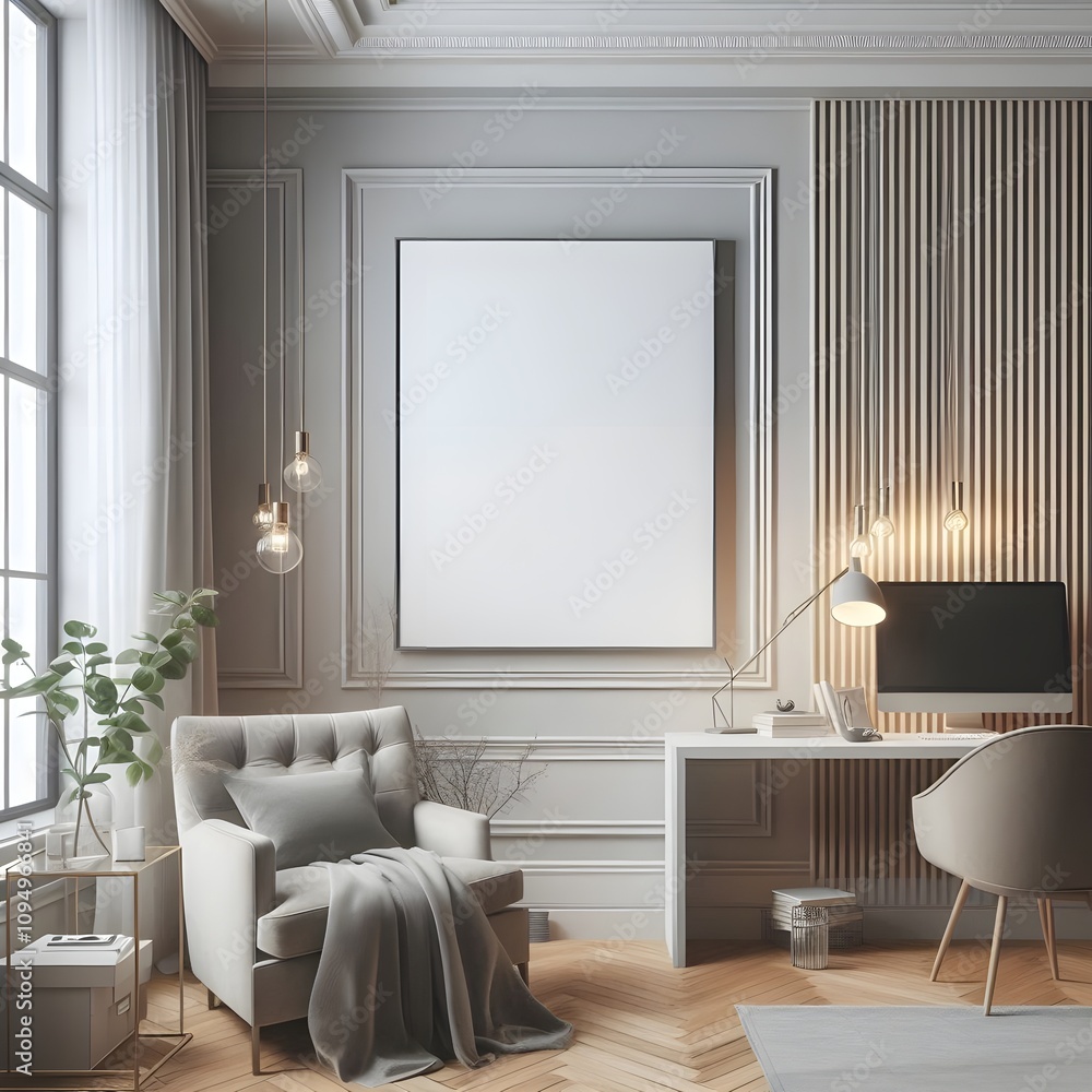 Generative AI, Frame mock-up,White working room in modern style .3d rendering Generative AI, Frame mock-up,White working room in modern style .3d rendering
