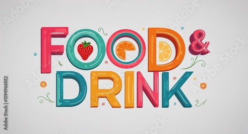 Food and Drink artistic colorful style lettering on plain white background