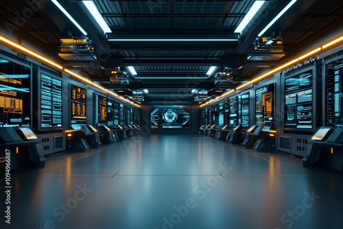 A futuristic control room with a myriad of digital screens displaying data, evoking themes of technology, information, and high-tech engineering in a modern setting.