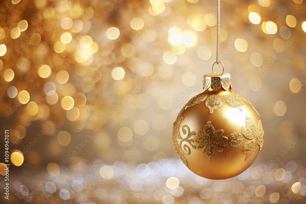 Elegant Golden Ornament Hanging Against a Soft Neutral Background for Festive Decoration with Copy Space for Holiday Designs and Celebrations Elegant Golden Ornament Hanging Against a Soft Neutral Background for Festive Decoration with Copy Space for Holiday Designs and Celebrations