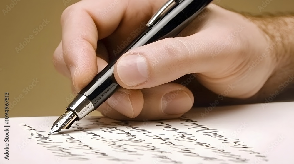 A hand writing on an A4 sheet of paper with a pen. A hand writing on an A4 sheet of paper with a pen.