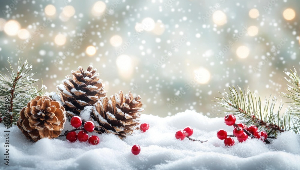 Snowy Winter Wonderland with Pine Cones and Berries Snowy Winter Wonderland with Pine Cones and Berries