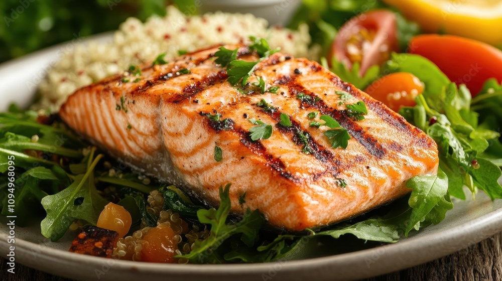 Grilled Salmon Fillet on a Bed of Fresh Greens with Quinoa and Cherry Tomatoes, Nutritious and Delicious Meal for Healthy Eating Enthusiasts Grilled Salmon Fillet on a Bed of Fresh Greens with Quinoa and Cherry Tomatoes, Nutritious and Delicious Meal for Healthy Eating Enthusiasts