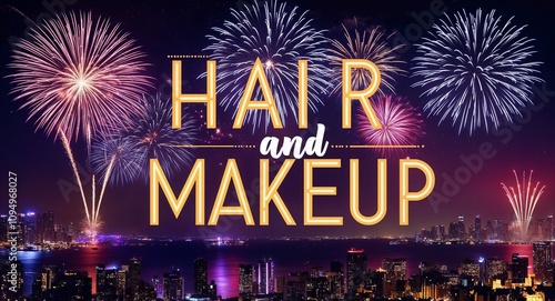 Hair and makeup lettering design on night sky with fireworks background new year party concept