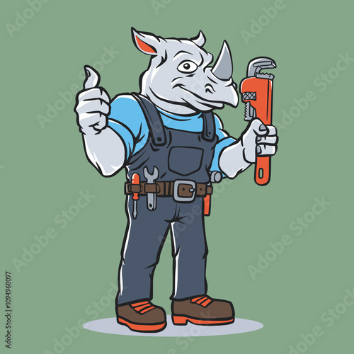 Rhino Plumber Cartoon Mascot Vector Illustration