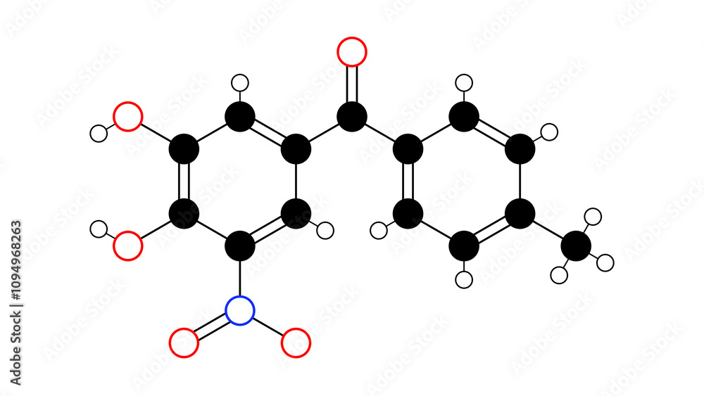 tolcapone molecule, structural chemical formula, ball-and-stick model, isolated image comt inhibitor tolcapone molecule, structural chemical formula, ball-and-stick model, isolated image comt inhibitor