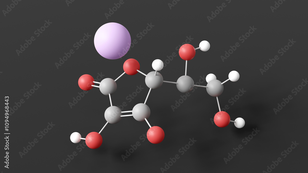 sodium ascorbate molecule 3d, molecular structure, ball and stick model, structural chemical formula antioxidant e301 sodium ascorbate molecule 3d, molecular structure, ball and stick model, structural chemical formula antioxidant e301