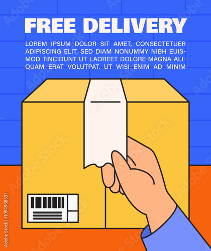 Hand Holding Delivery Receipt on a Box banner design for promotional delivery event in cartoon colorful retro vintage hand drawn vector illustration