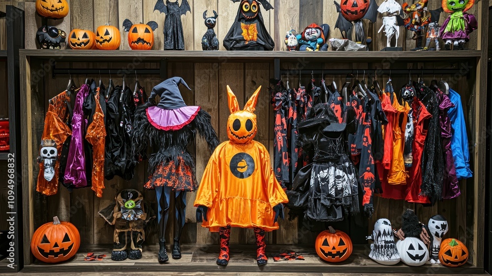 Halloween costume display with a variety of spooky and fun outfits