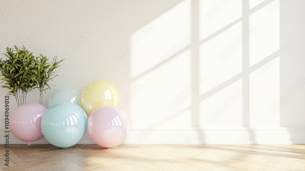 Soft Pastel Colored Balloons Leaning Against a Wall with Sunlight Casting Shadows on a Bright Interior Space Soft Pastel Colored Balloons Leaning Against a Wall with Sunlight Casting Shadows on a Bright Interior Space