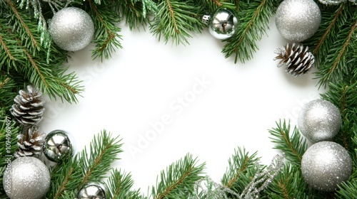 Festive Christmas Decoration with Silver Ornaments and Pine Cones Framed by Green Pine Branches on a Clean White Background for Holiday Celebrations