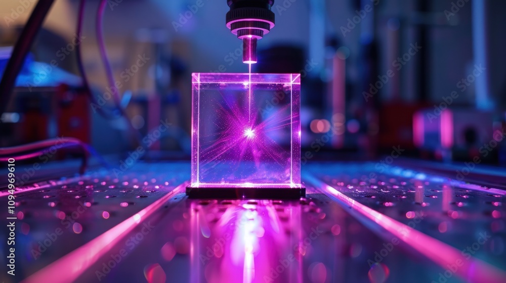 A laser interacts with a transparent cube, creating vibrant light patterns. A laser interacts with a transparent cube, creating vibrant light patterns.