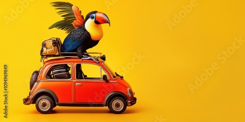 Tiny Car with Colorful Toucan on Roof Surrounded by Bright Yellow Background, Perfect for Fun Travel or Adventure Themes in Stock Photo Library photo