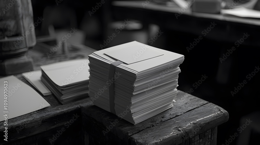 A stack of A4 paper, with a rubber band holding them together. A stack of A4 paper, with a rubber band holding them together.