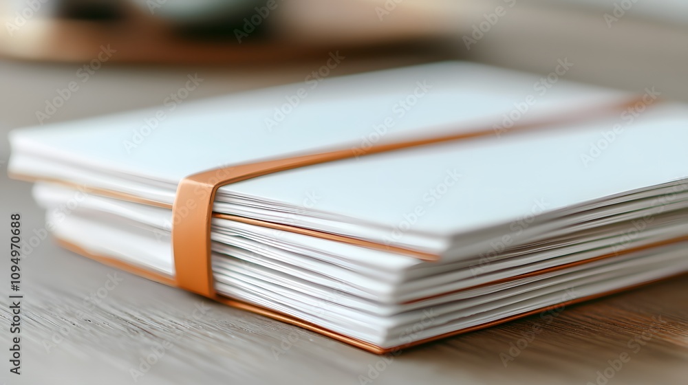 A stack of A4 paper, with a rubber band holding them together. A stack of A4 paper, with a rubber band holding them together.