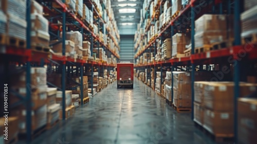 A warehouse interior filled with stacked pallets and a truck at the end of the aisle.