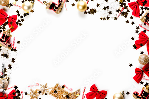 Christmas background with tree decorations. Top view with balls, bows and stars. White background