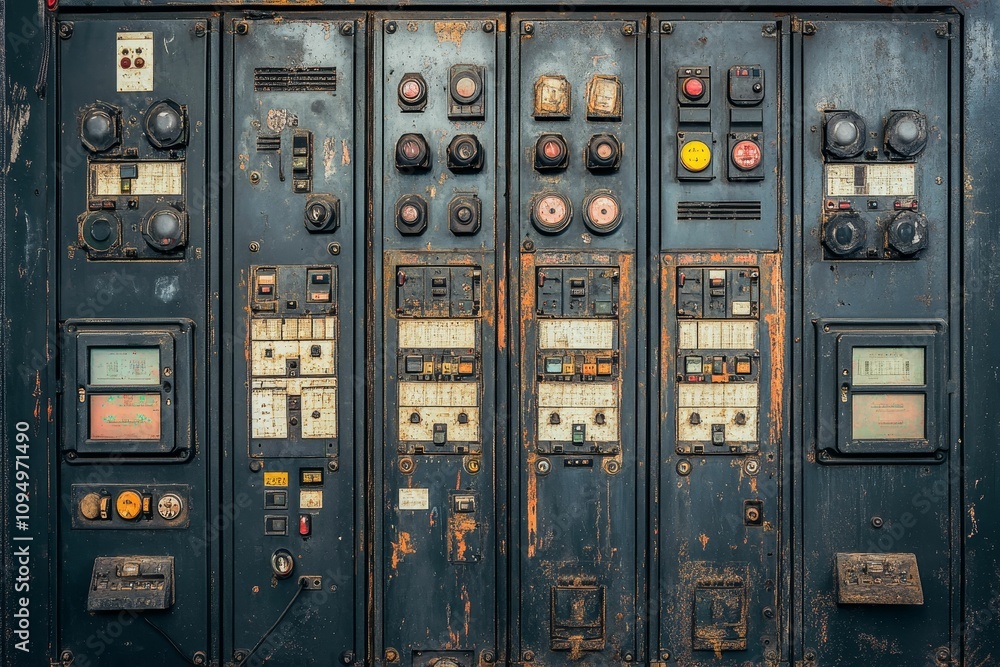 Rustic control panel, weathered, industrial, many switches. Rustic control panel, weathered, industrial, many switches.