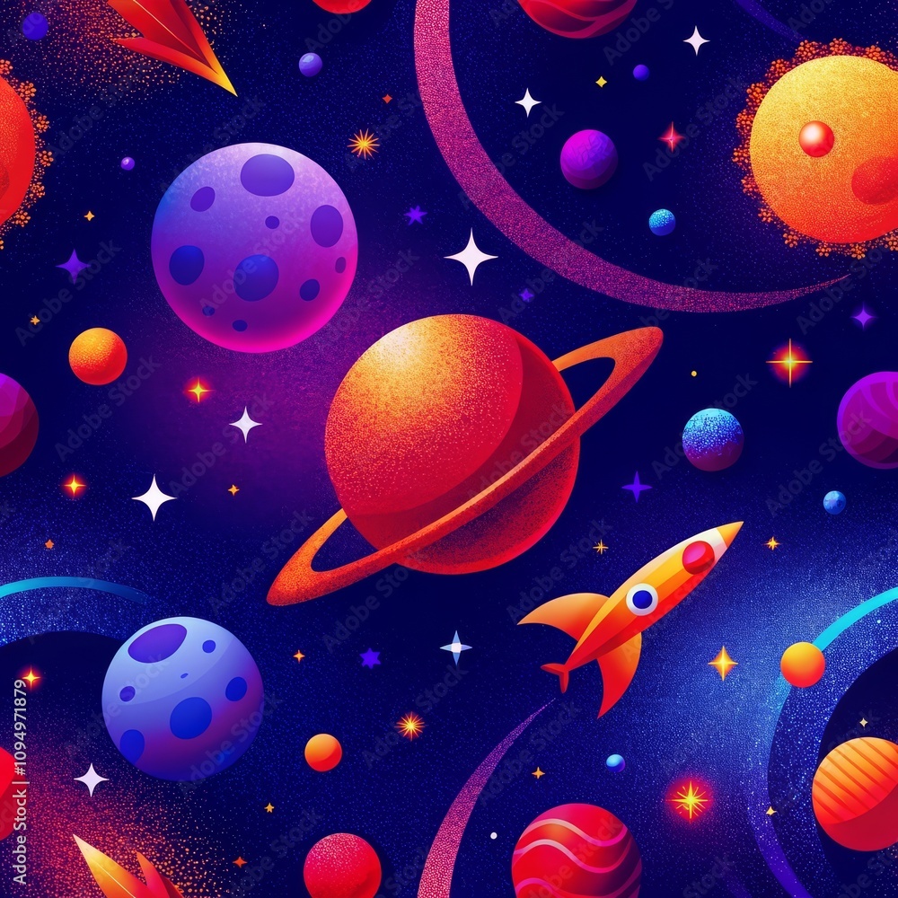 Fototapeta premium Immerse in the vibrant beauty of outer space, adorned with planets and a rocket. Seamless pattern.