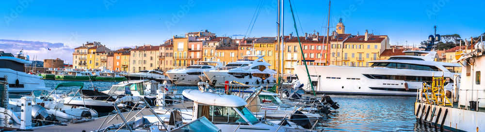 Saint Tropez village scenic yachting waterfront panoramic view, famous luxury tourist destination i