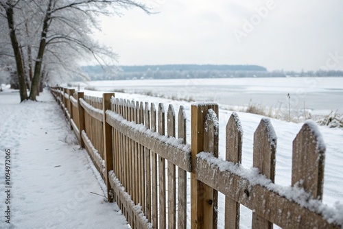 Wooden slats of a fence covered in snow and ice, wood planks, frosty, snowy fence, winter landscape, icy fence photo