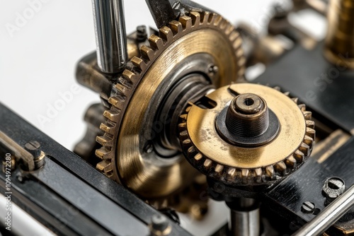 Close-up brass gears, intricate mechanism.