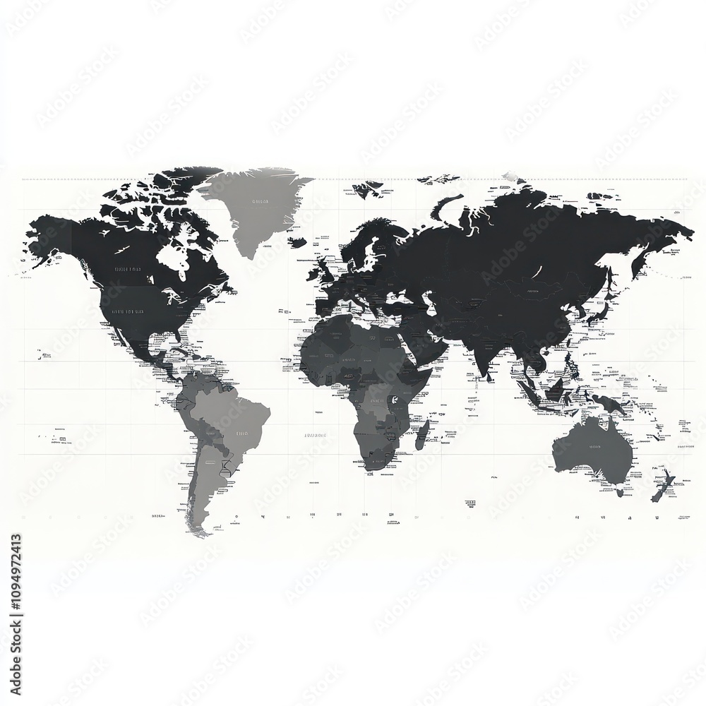 Detailed grayscale world map showing countries and continents Detailed grayscale world map showing countries and continents